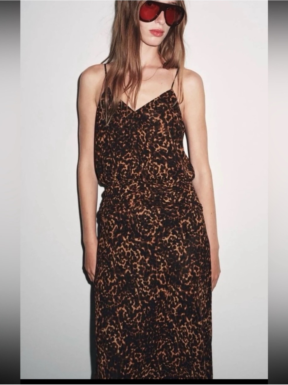 Zara Animal Leopard Print Spaghetti Strap MIDI Dress - NWT - L